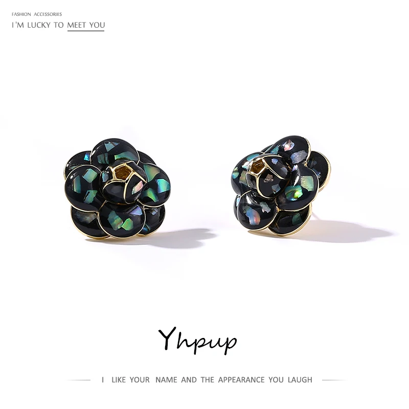 Yhpup Stud Earrings Natural Shell Enamel Mountain Tea Flower Luxury Elegant Earrings Brand High Quality S925 Post Jewelry Female
