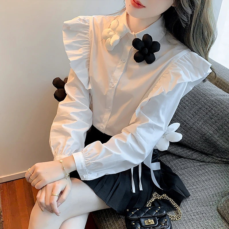 

Temperament Ruffled Shirts 2023 Spring Three-dimensional Flower Woman Shirt Beading Ribbon Fairy Cute Blouse Women Korean Tops