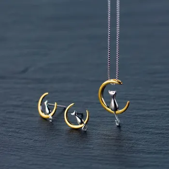 

100% 925 Sterling Silver Statement Gold Color Moon with Cute Cat Pandant Necklace Stud Earrings Fine Jewelry Sets for Women