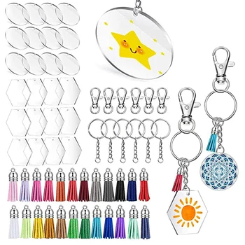 

120PCS Acrylic Transparent Circle and Hexagon Discs Keychain Blanks and Tassel Pendants Key Ring Set for DIY Crafts