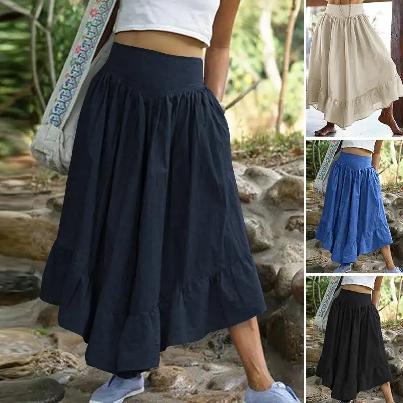 ZANZEA Summer High Waist Flare Trousers Bohemian Ruffles Hem Pants Women Wide Leg Pantalon Casual Lace Up Flounce Palazzo 5XL
