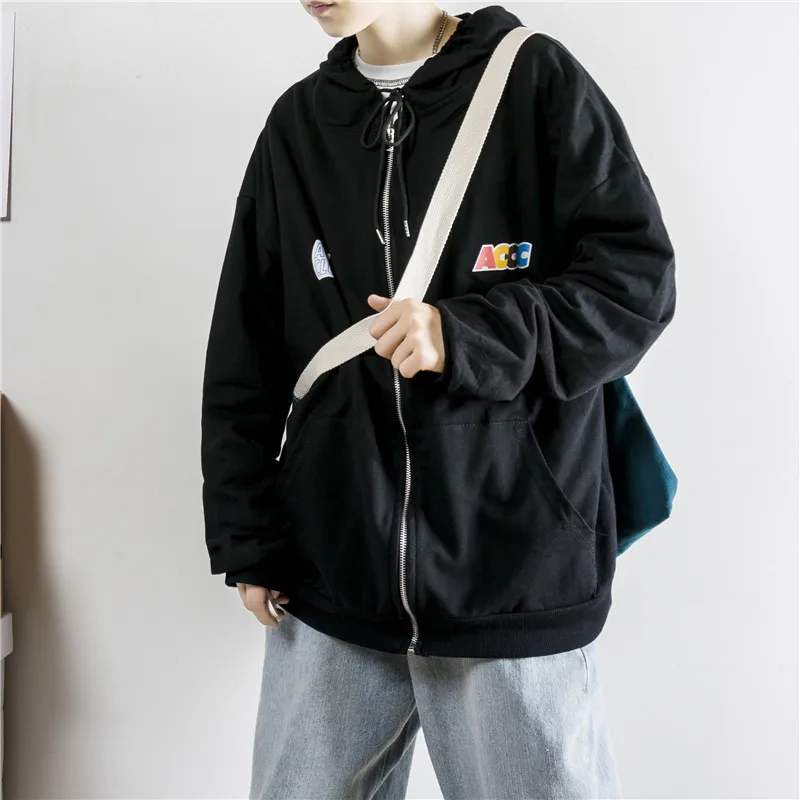 

2019 Autumn And Winter Men's New Casual Solid Color Letter Pattern Printing Hooded Cardigan Hoodies Loose Temperament Cotton