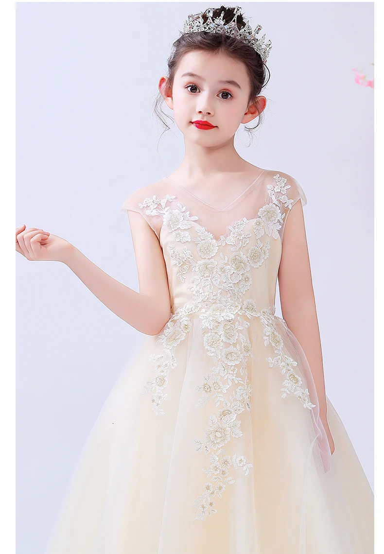 V-neck Sleeveless Ball Gown Floor-length Champagne Flower Girl Dresses Luxury Appliques Princess Tulle Girls Pageant Dresses