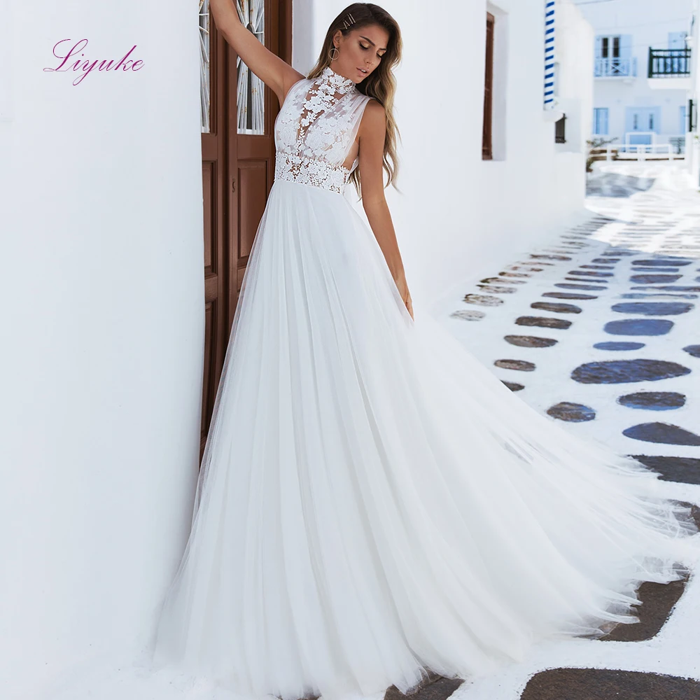 

Liyuke 2019 A-line Married Wedding Dress Halter Lace Appliques High Neck Customized Plus Size