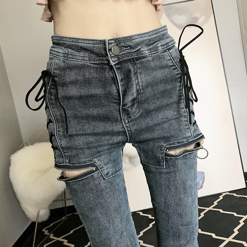 lace up denim pants