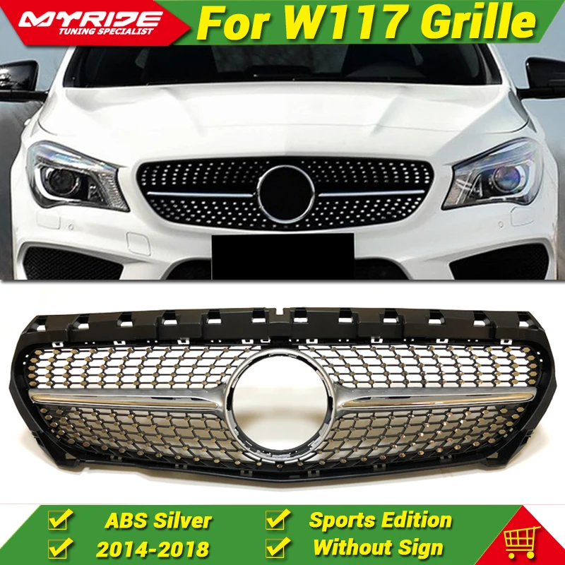 

CLA Class W117 Grille Diamonds Front Bumper Kidney Grills CLA180 CLA200 CLA250 CLA45 look ABS Silver Without Sign 2014-17