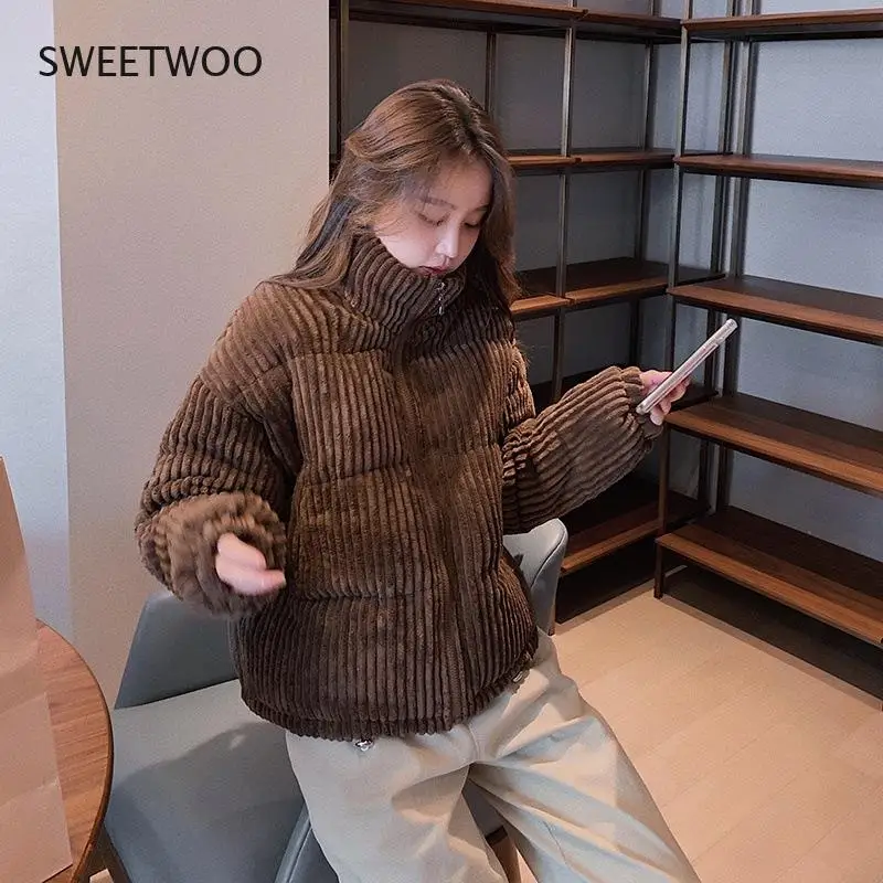 2021 New Winter Corduroy Short Jacket Women Korean Style Thick Zipper Cotton Parkas Woman Stand Collor Warm Outwear Coats Female