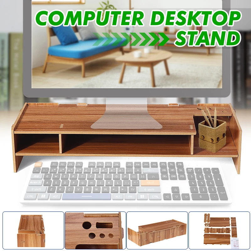 

2-Tier Wood Shelf Plinth Multi-function Desktop Monitor Stand Computer Screen Riser Laptop Stand Holder For Notebook TV