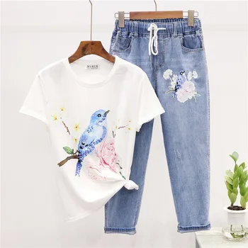 

Women's Summer Fashion Print O-neck T-shirt + Elastic Waist Jeans 2-piece Suit