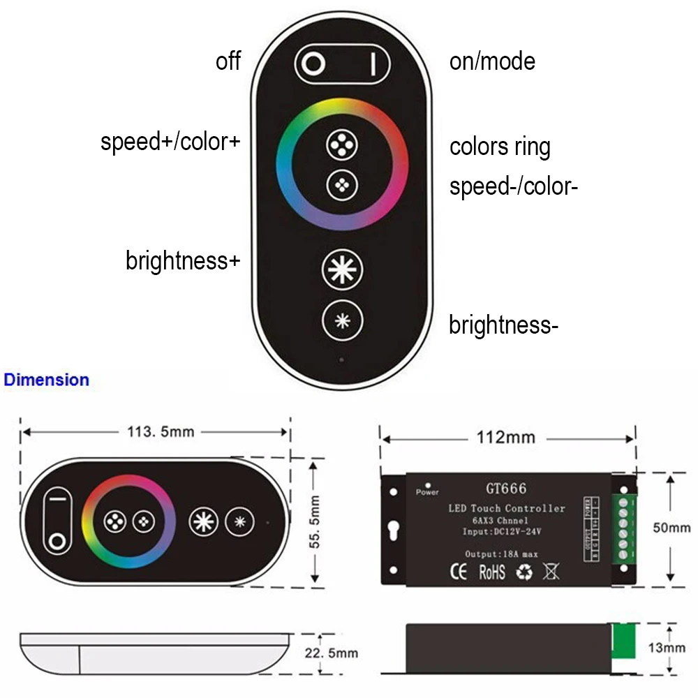 Сенсорный экран Led RGB контроллер Диммер GT666 AC/DC 12-24V 6Ax3channel 18A для 5050 3528 2835 цветных(RGB) светодиодных лент светильник