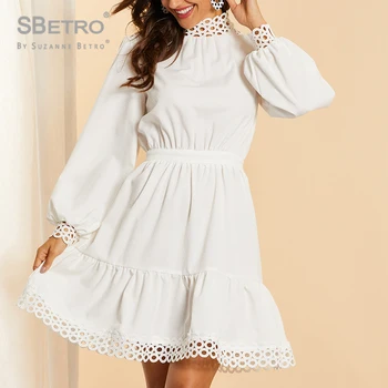 

SBetro White Solid Guipure Lace Trim Zip Back Dress Women Autumn Long Sleeve Casual Beach Boho Sundress Sexy Midi Dress Ladies