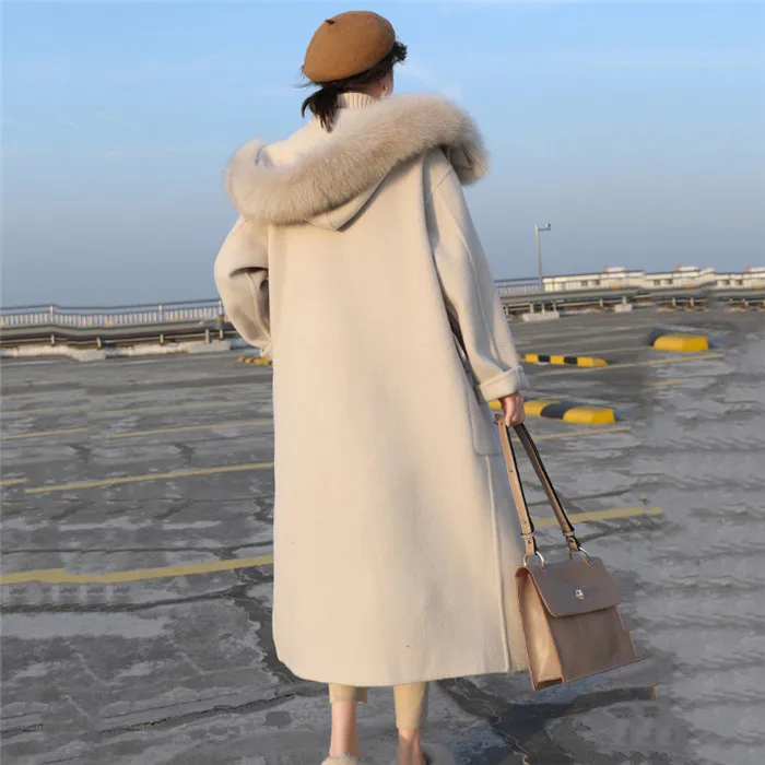 Женская шерстяная верхняя одежда, зимнее шерстяное пальто, длинный рукав, с капюшоном, меховой воротник, Смешанная куртка, элегантная женская верхняя одежда, пальто большого размера XIN228