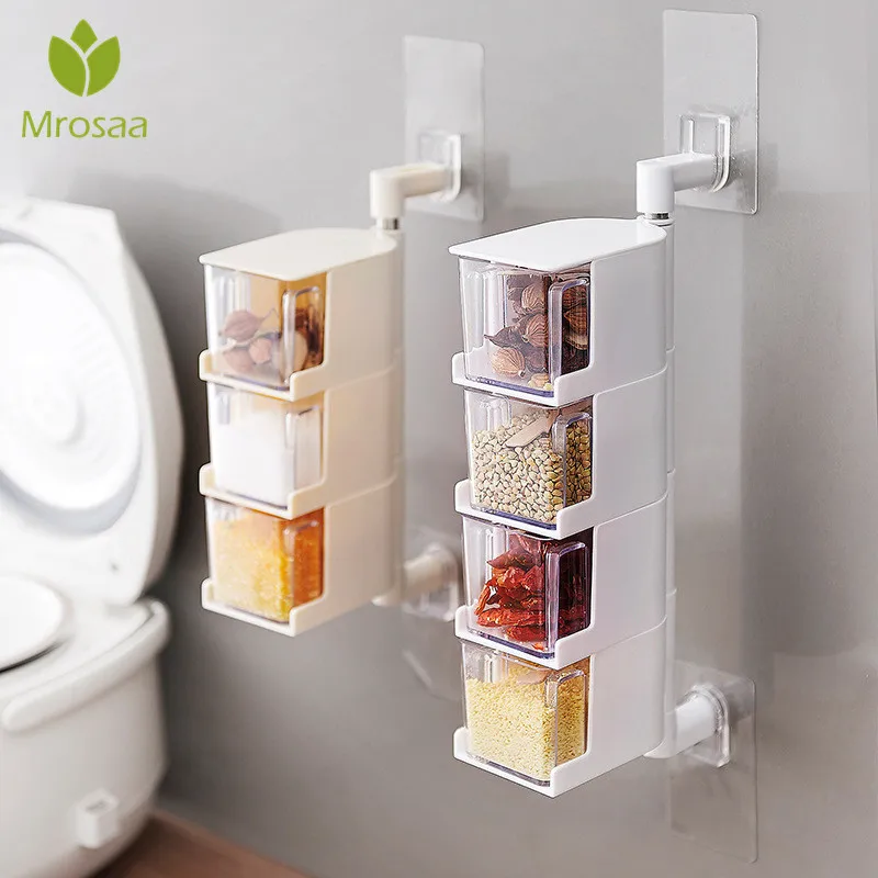

Clear Plastic Rotatable Kitchen Organizer Spice Storage Container Rack Pepper Seasoning box Wall Transparent Set Spice Jar