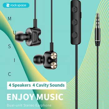 

ROCKSPACE Dual Driver Earbuds Wired Earphone With Microphone 3.5mm Line Plug In Ear Stereo Deep Bass Headphone In Line Control