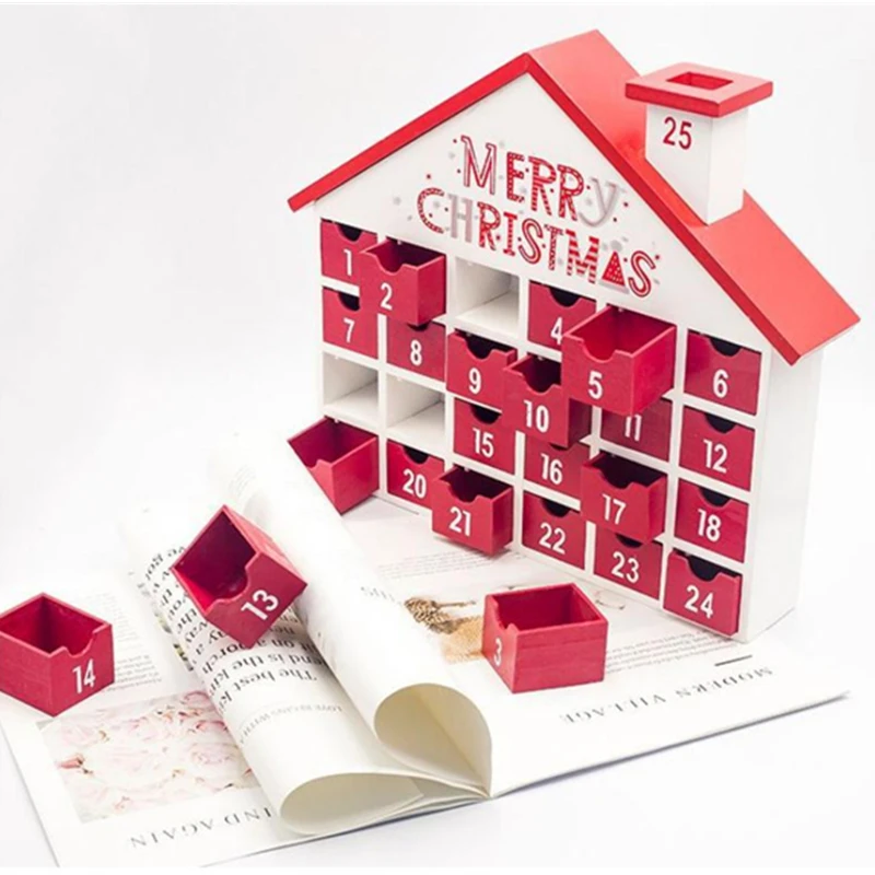 Рождественский домик в форме рождественского календаря деревянный ящик для хранения цифр креативный DIY Рождественский календарь Декор - Цвет: Красный