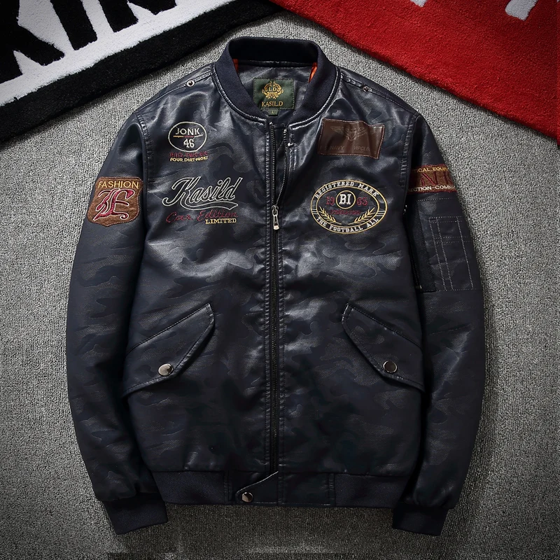 Cazadora de motociclista para hombre, chaqueta de cuero bordada de béisbol de talla grande, estilo aviador, 5XL