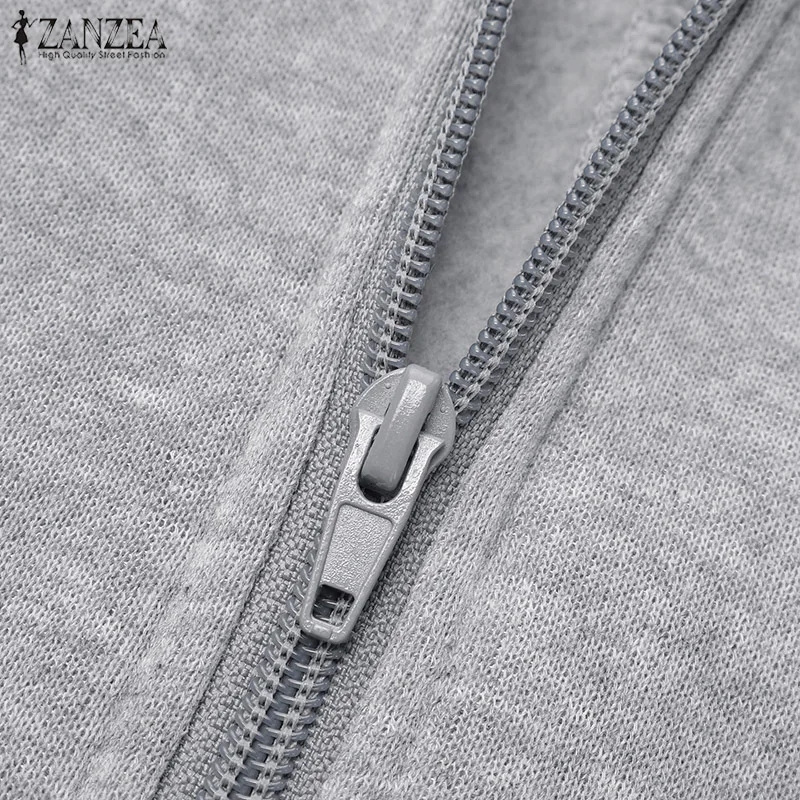ZANZEA Autumn Women Sweatshirt Casual Solid Hoodie Coats Big Pockets Long Sleeve Hoody Sweatshirts Zip Up Outwear Plus Size