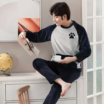 

XIZOU Men's Pajamas Set Autumn Winter Leisure Elastic Waist Men Sleepwear flannel Men Long Sleeve Nightwear warm lounge Homewear