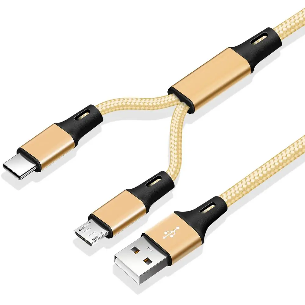 FONKEN 2 в 1 Micro usb type C кабель портативный двойной зарядки для телефона USB кабель Android Мобильный банк питания быстрая зарядка USB C шнур - Цвет: gold usb Cable