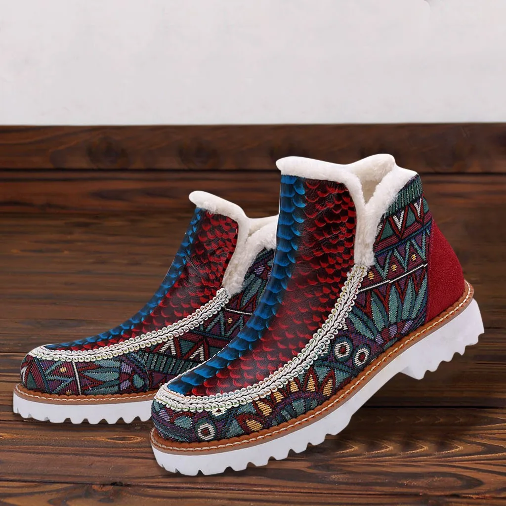 

Retro Ethnic style Women's Snow Boots Short Plush Keep Warm Hand-Colored Stitching Boot Floral Low Heel winter boots women