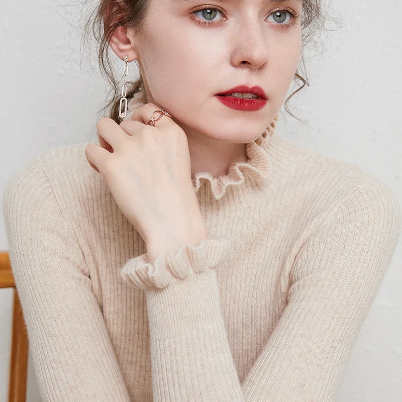 Вязаный свитер с воротником в виде листьев лотоса Женская облегающая