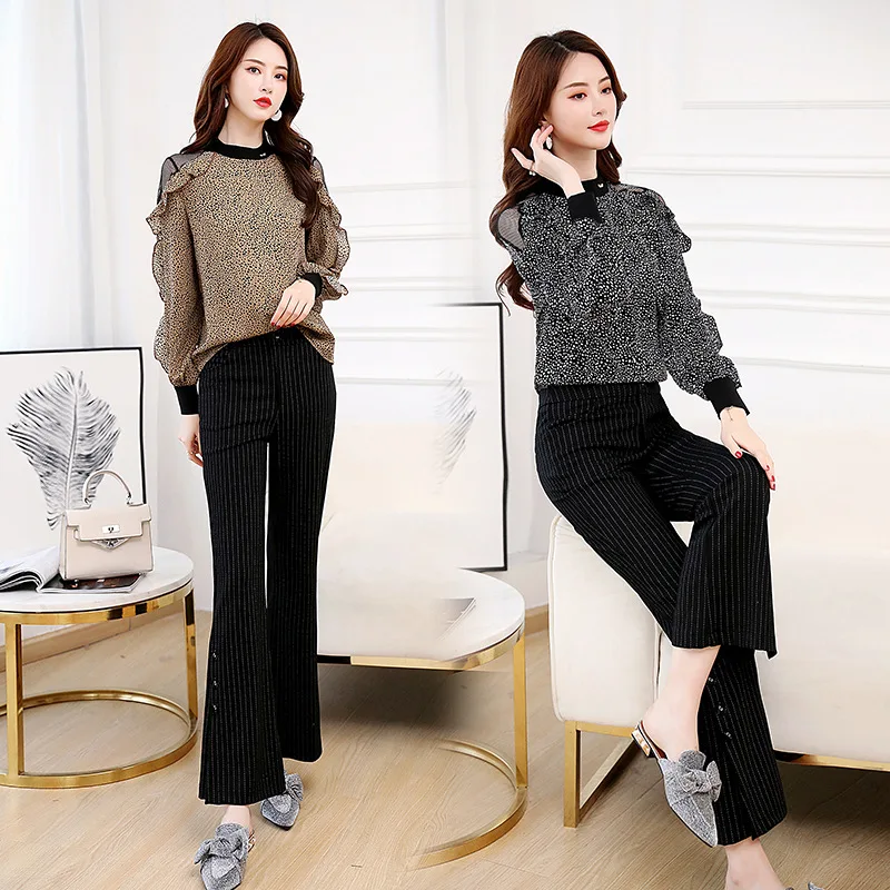 

2019 Autumn Clothing New Style Fashion Set off-Shoulder Leopord Pattern Tops Stripes Trousers Slit Bell-bottom Pants Two-Piece W