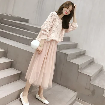 

CBAFU spring autumn 2 piece set office lady casual hollow out loose sweater mesh skirt suit high waist long skirt set F029