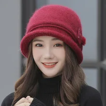 Дамский элегантный зимний набор из шапки и шарфа, шерсть, смешанный мех кролика, теплая шапка для бассейна для женщин среднего возраста, женские шапки-ведерки S1008 H