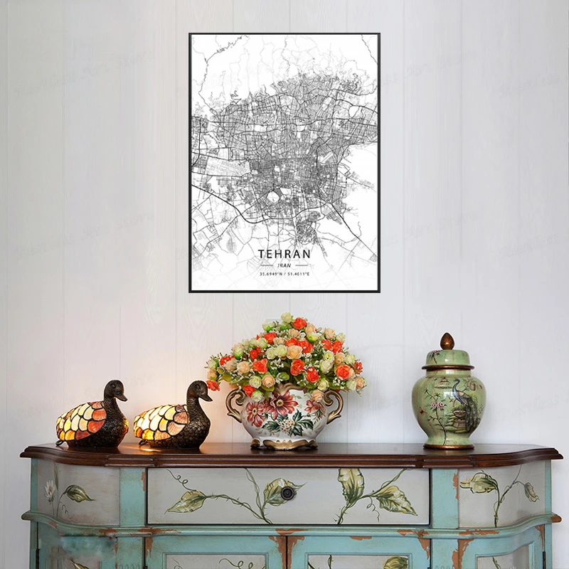 Черно-белый Тегеран Иран белая Широта Долгота холст Художественная карта Плакат