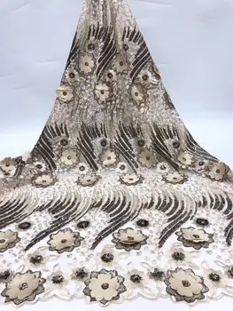 

2019 High Quality French 3D Tulle Beaded African Lace Fabric Sequins Embroidered Nigerian Lace Fabrics For Wowen Dress
