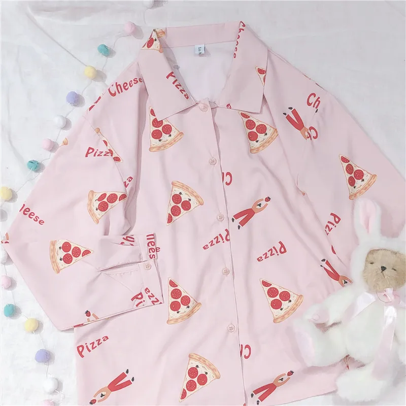 Осенние новые японские Для женщин рубашка с длинными рукавами милые пицца принт Топы Kawaii молодая девушка, студентка Bestie модные Повседневное Свободная рубашка
