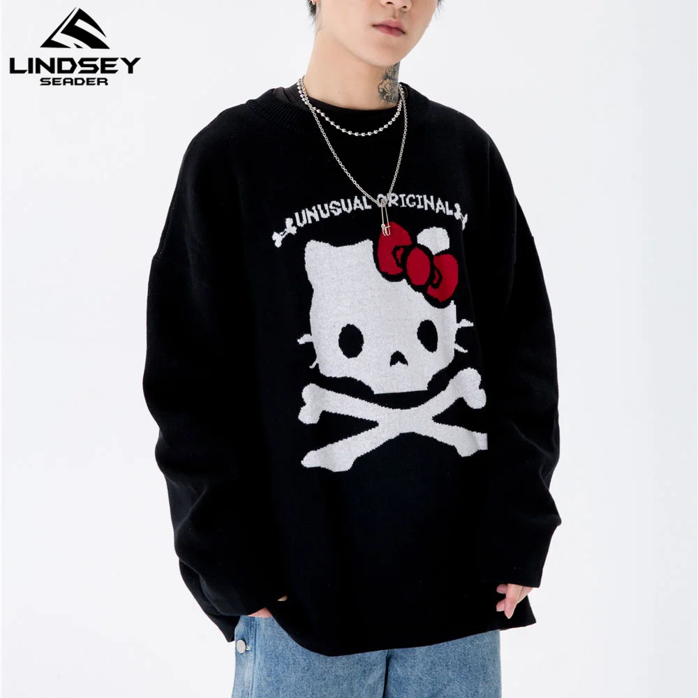 

LINDSEY SEADER Men's Knitted Pullover Sweater Japanese Kitty Cashmere Wool Fleece Oversize Knitwear Women Jumper Men's Clothing