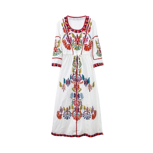 Винтажное шикарное женское пляжное богемное Платье макси с цветочной вышивкой, женское летнее платье в богемном стиле с v-образным вырезом и поясом vestidos - Цвет: white