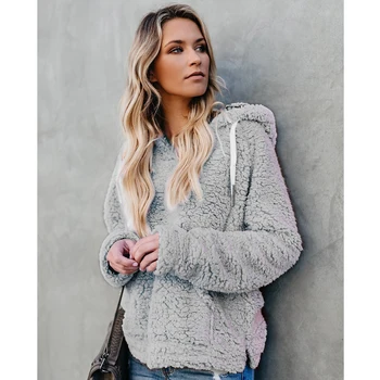 

Winter Hoodies 2019 Ladies Thick Furry Hooded Pullover Fashion Women Solid Color Warm Hoodie Fleece Basic Sweatshirt Autumn D40