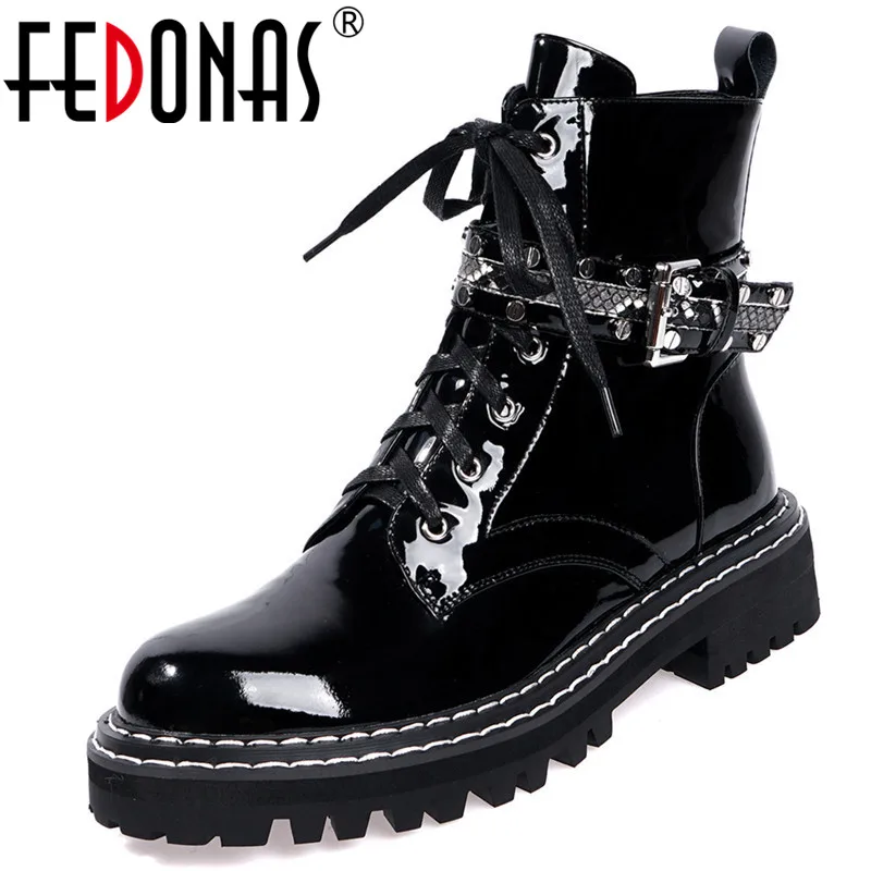 

FEDONAS Rivets Buckle Women Big Size Ankle Boots Cow Patent Leather Motorcycle Boots Party Night Club Shoes Woman Chunky Heels