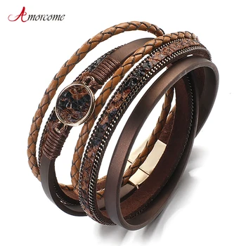 

Amorcome Snake skin Pattern Leather Bracelets For Women 2020 Fashion Bohemian Charm Wide Wrap Bracelets & Bangles Femme Jewelry