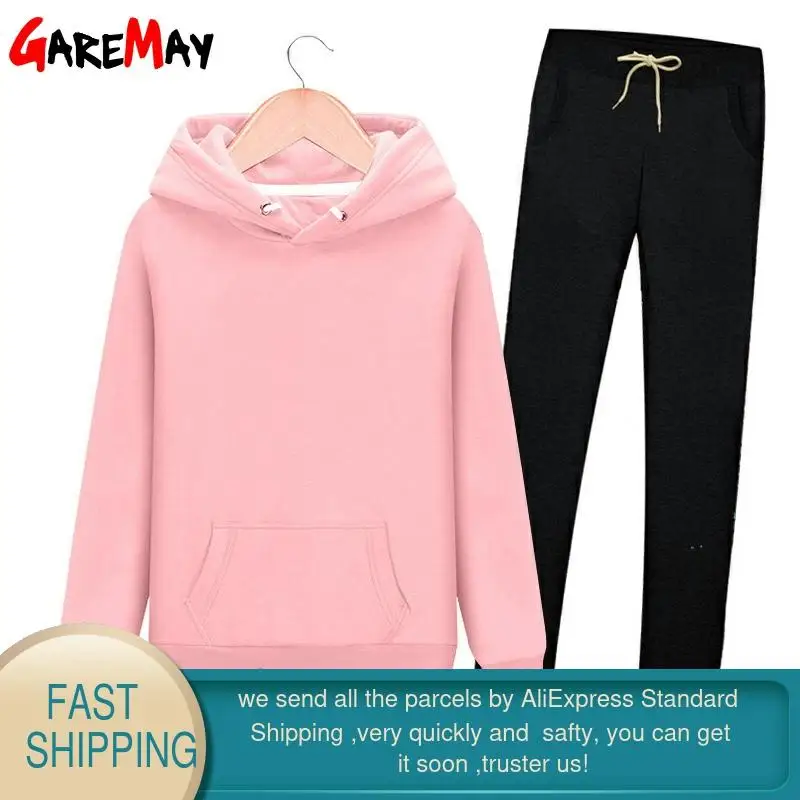 Chándal de algodón para mujer, Conjunto de sudadera con capucha y pantalones de chándal Harm de manga larga informal para mujer, trajes para el sudor de 2 piezas con capucha ► Foto 2/6
