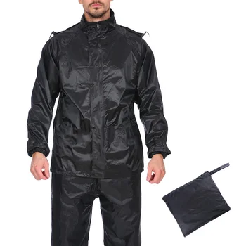 

Men Outdoor Waterproof Raincoat Reflective Strip Zipper Windproof Lightweight Hooded Rain Coat+Pants Rainwear Rain Tools Black