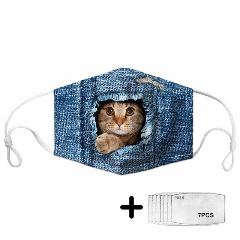 

Casual Protective Mask with Kawaii Jeans Cat Animals Pattern Ladies Reusable Face Masks Filter for Women Washable Mouth Mascara