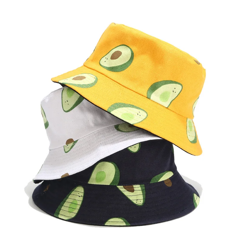 

Oloey Casual Avocado Printed Canvas Bucket Hats Women Small Fresh Fashion Vacation Sun Cap Femme Tropical Summer Fisherman Hats