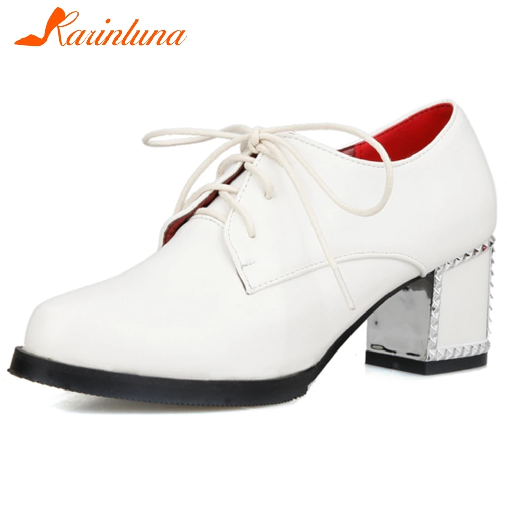 

KARINLUNA Ladies High Chunky Heels Pumps Office Mature lace-up Pumps Women Spring Solid Dress Platform Shoes Woman