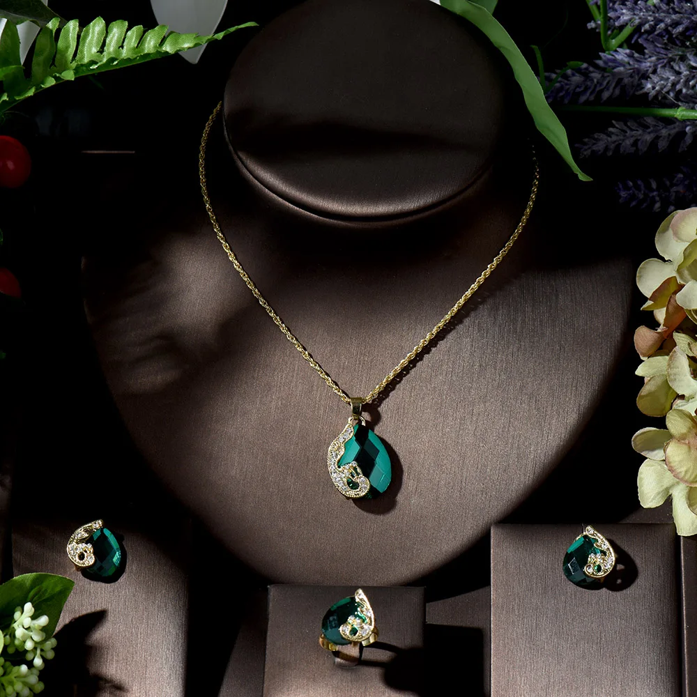 HIBRIDE Trendy Green/Red Jewelry Cubic Zirconia Bridal Earrings and Necklace Sets African Wedding Beads Jewelry bijoux N-1348 - Image 2