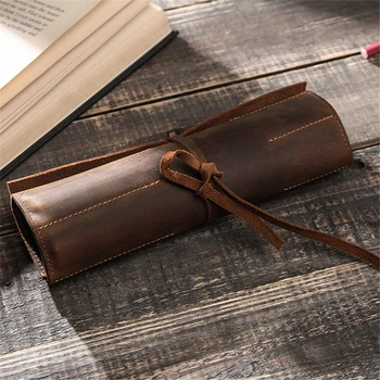 

Vintage Genuine Leather Roll Pen Pouch Roll-Up Pencil Case Storage Bag Pen Curtain Protection Pouch