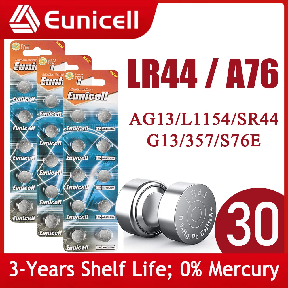 Eunicell 30PCS LR44 AG13 303 A76 357 SR44 1.5V Button Battery SR44SW V13GA for Watch Calculators Toys 155mAh Coin Cell Batteries