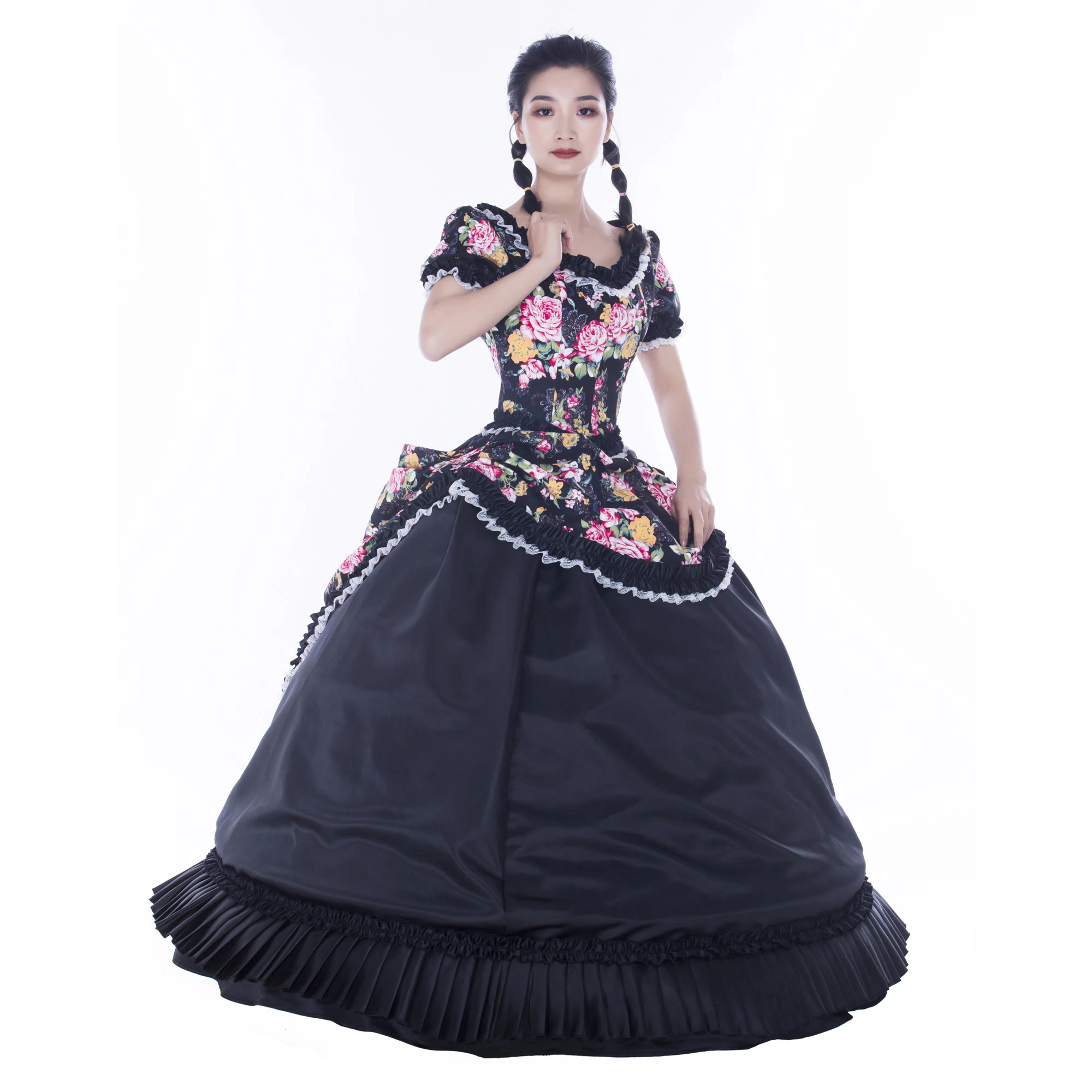 Damesmode Elegante Look Met Grote Rose Patronen En Elastische Kraag Geplooide Trimmings Korte Mouwen Party Dress Damesmode Elegante Look Met Grote Rose Patronen En Elastische Kraag Geplooide Trimmings Korte Mouwen Party Dress