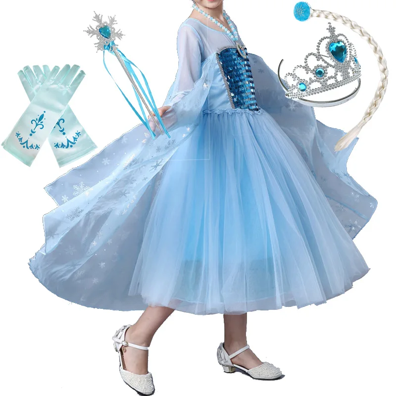 Детское платье Снежной Королевы Эльзы для девочек; карнавальный костюм Эльзы на Рождество; карнавальный костюм Эльзы; детская праздничная одежда на день рождения; белый парик - Цвет: Elsa J and Set1