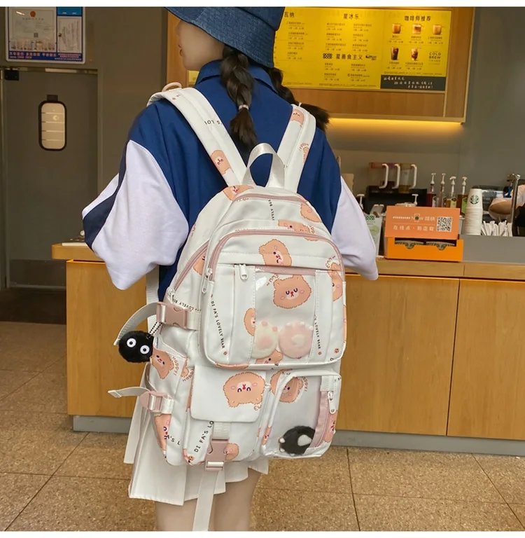 Female Japanese Harajuku Ita Bag Ladies Retro Kawaii Bear Print Backpack New Cute Pendant Large Capacity Student School Bag 4