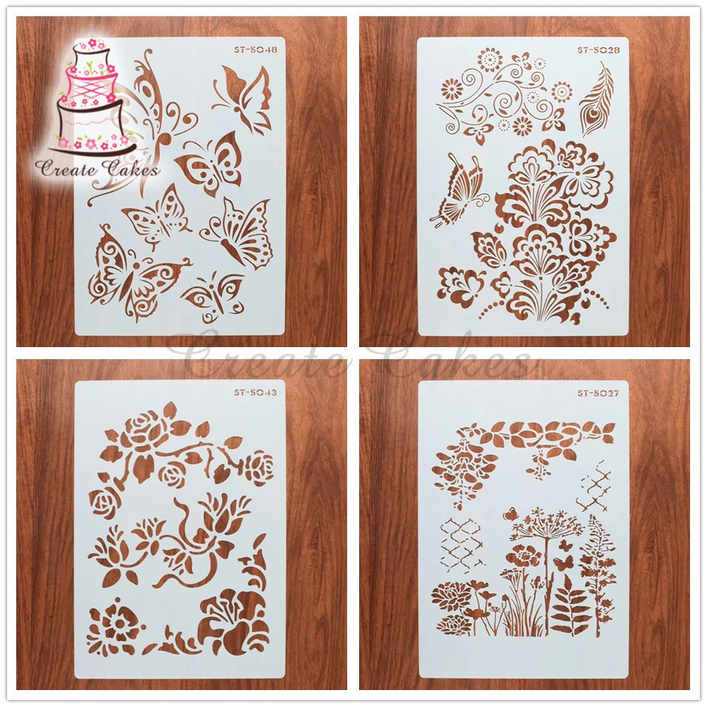 

4pcs/set A4 Size 21*29cm Butterfly Stencil For Walls Painting Cake Decorating Fondant Tools Cupcake Baking Tool Wall Stencil