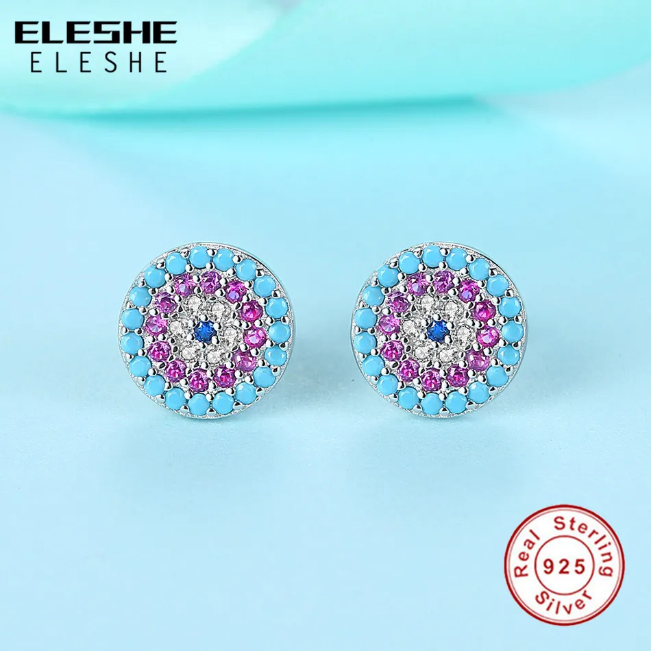 Серьги ELESHE Lucky Eye, голубой Турецкий Дурной глаз, 925 пробы, серебряные серьги для женщин, циркониевые Кристальные серьги-гвоздики, хорошее ювелирное изделие