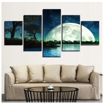 

Full square round rhinestones mosaic 5d diamond painting embroidery 5 Pieces Starry Moon Night Lake Trees Landscape Paintings